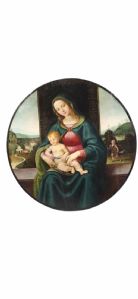 Favoloso dipinto su tavola raffigurante “Madonna con bambino e San Giovannino “ attribuita a RAFFAELLINO DEL GARBO. FIRENZE XVI secolo