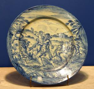 Royal majolica plate decorated in white and blue with a mythological scene, Savona 17th century