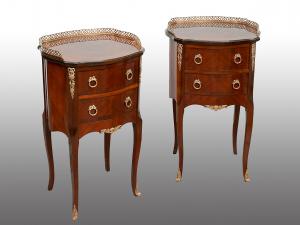Pair of antique Napoleon III mahogany nightstands with bronze inserts. France, late 19th century.