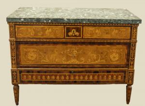 Louis-XVI-Kommode eingelegt und intarsiert mit Palisander-, Nussbaum-, Buchsbaum- und verschiedenen Hölzern, Genua, letztes Viertel des 18. Jahrhunderts