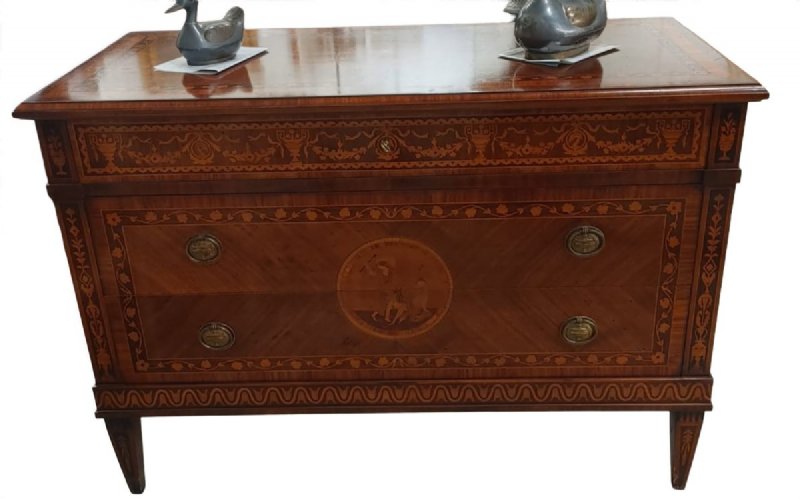 Commode style Louis XVI incrustée de palissandre et bois précieux