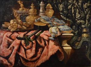 Antonio Tibaldi (Roma, c. 1633 - 1684), Natureza morta com objetos preciosos, tecidos brocados e prato com doces