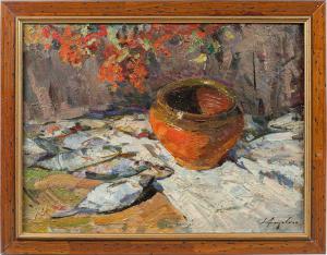 Lew Pawlowitsch Chotschenko (Schimanowka 1912 - 1998) – Stillleben mit Fischen und Krug.