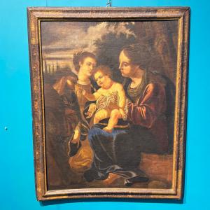 Antique painting, Sacred Conversation, 16th century, oil on canvas, original frame. Bolognese School. Dimensions: 106 x 84 cm.