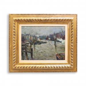 "Hamburg" by Alberto Falchetti, oil on cardboard, signature and title in the lower left