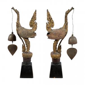 Pair of gilded bronze Thai temple birds with bells. Thailand, 19th century.