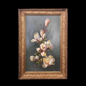 Ölgemälde auf Leinwand, das ein Stillleben mit Blumen darstellt. Signiert August Menus Ducret 1906.