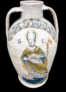 Grande vaso biansato in maiolica compendiaria con figura di San Lazzaro.Castelli d’Abruzzo.