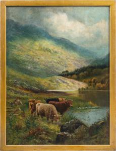 Pittore inglese (fine XIX sec.) - Paesaggio con mandria di Highland al lago.