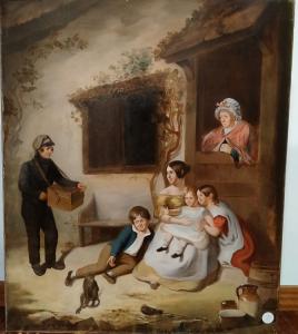 Olio su tela inglese del 1800 "Scena familiare" all'aperto
