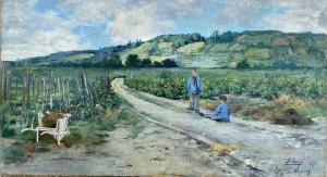 Léon Tanzi "Enfants sur le sentier, Argenteuil" Olio su tela cm 45 x 81