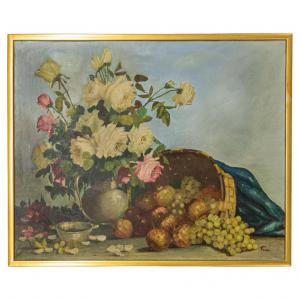 Gemälde mit Blumen und Früchten - O/8193 -