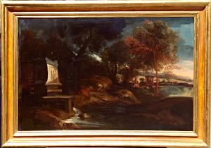 Flusslandschaft mit römischem Brunnen. Mittelitalien, 17. Jahrhundert.