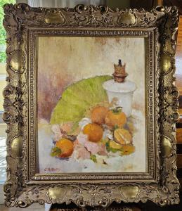 Gino Baruzzi “Fiori nel bicchiere”1980. Natura morta con rose, bicchiere e melograni.