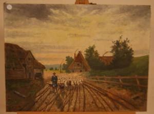 Antique English painting from the 1800s, oil on canvas depicting a shepherd with sheep