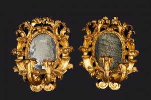 Pair of Roman Baroque Gilded and Carved Wood Mirrors/Ventolines. Late 17th century.
