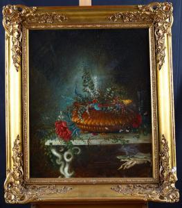 Antico quadro francese del 1800 olio su tela Vaso con fiori 