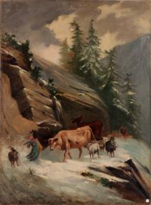 Oil on canvas from the 1800s, Northern Europe. Animals with a shepherd in a blizzard.