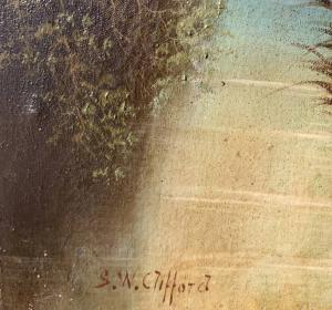 S.W. Clifford (British, fine XIX sec.) - Paesaggio boschivo con cascata. - Foto 7