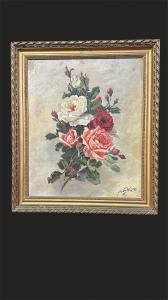 Oil on Canvas Painting – Still Life with Bouquet of Roses, Signed A. Delcros - 19th Century