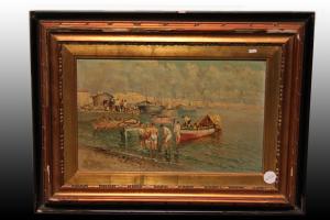 Olio su tavola Italiano del 1800 Raffigurante Marina con Porto e Pescatori