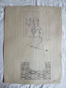 Desenho a tinta da China sobre papel com figura feminina renascentista com pena. Arturo Pietra. Bolonha 1927.
