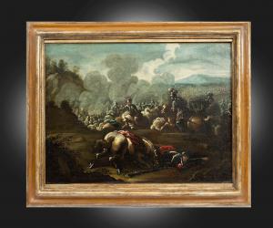 Antique oil on canvas painting with a contemporary frame depicting a battle between Christian and Turkish knights. Lombardy, 17th century.