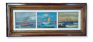 Renato Natali (Livorno, 1883 – 1979) - Triptychón námorních obrazu „Plachty v prístavu“