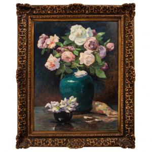 Rosen in Vase auf dem Tisch, französisches Gemälde - O/5501