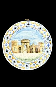 Majolica saucer with a depiction of the Porta Saragozza in Bologna. Minghetti.