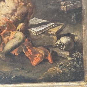 Antigo quadro, escola de Nápoles, séc. XVII, São Elias, 62 x 52 cm. "O Milagre dos Corvos" - Foto 6
