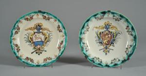 Two of four polychrome decorated ceramic plates, Savona late 18th early 19th century