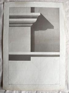 Desenho aquarelado a lápis sobre papel representando provas de sombra em uma cornija. Assinado por Giulio Pietra. 1874.