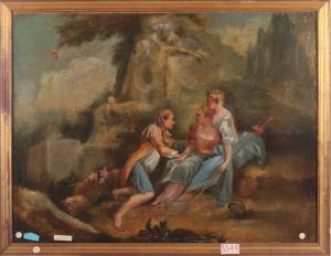 Dipinto olio su tela francese del 1800 raffigurante scena galante 