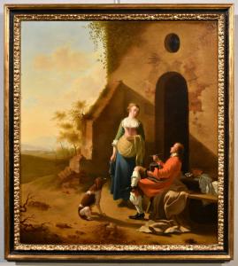Cena galante à entrada de uma estalagem, Jan Vermeer de Utrecht (Schoonhoven, c. 1630 - 1692) seguidor