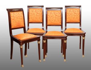 Group of four antique solid mahogany chairs with bronze inserts. 19th century period.