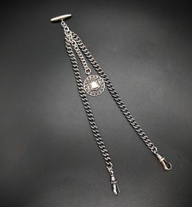 Catenella antica in argento doppia per orologio da tasca, Albert T 