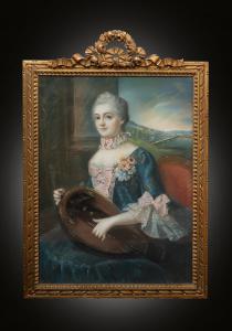 Pastel antigo Napoleão III retratando o busto de uma nobre senhora tocando uma viela. França, século XIX.