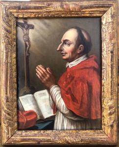 Ölgemälde auf Kupfer, das den Heiligen Karl Borromäus darstellt.