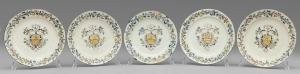 Five polychrome ceramic plates with a central coat of arms, Levantino brand, Savona 18th century.