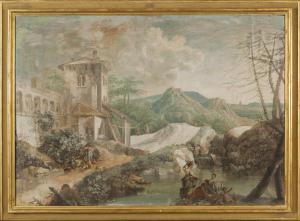 Pietro Paltronieri Il Mirandolese. Animated landscape with figures, tempera on canvas