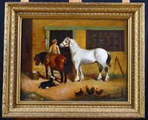 Antico quadro inglese del 1800 olio su tela "Bambino a cavallo"