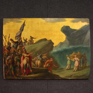 Pintura italiana sobre painel do século XVIII, a passagem do Jordão com a Arca da Aliança