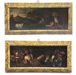 Pendant of ancient oil paintings on canvas “Allegorical/Mythological Scenes”