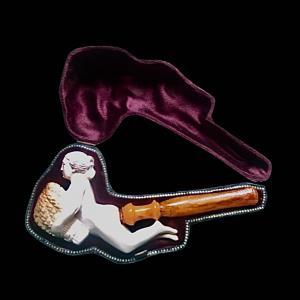 Meerschaum pipe with erotic subject depicting a nude woman. Original box.