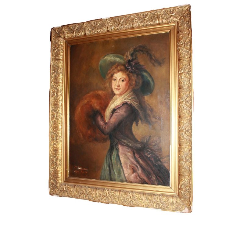 Oil on canvas depicting a Young Lady with Hat Signed 1908
