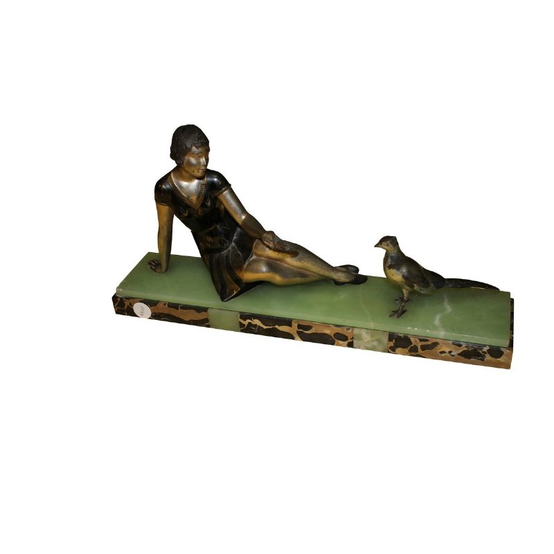 Art-Decò-Skulptur mit Dame und Vogel, Anfang des 20. Jahrhunderts