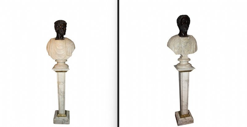 Coppia di Busti Romani del XX secolo Italiani in Marmo e Bronzo