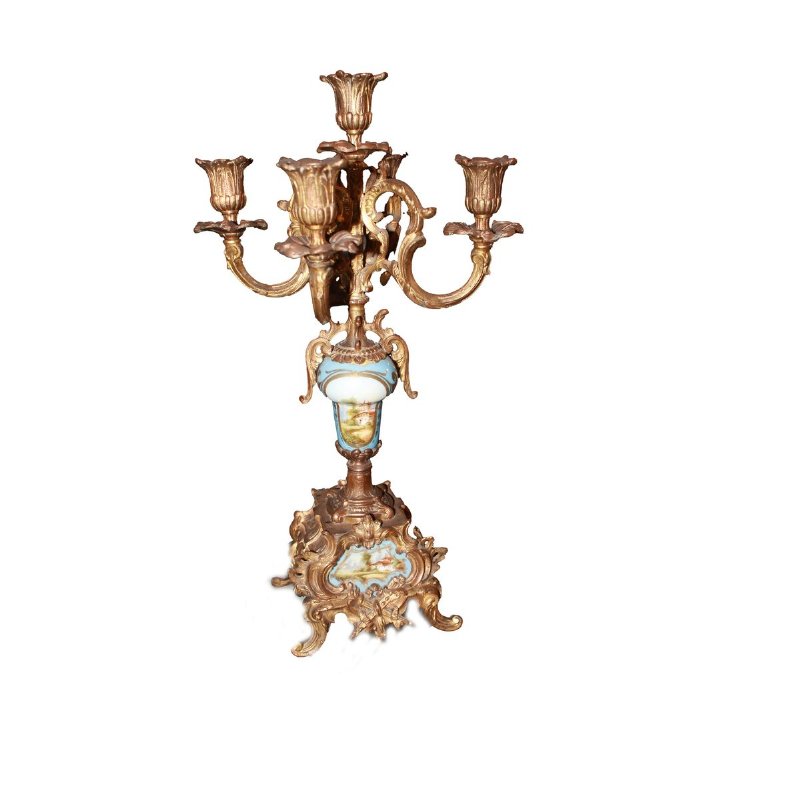 Coppia di Candelieri in Bronzo con Applicazioni in Porcellana Sevres Decorata