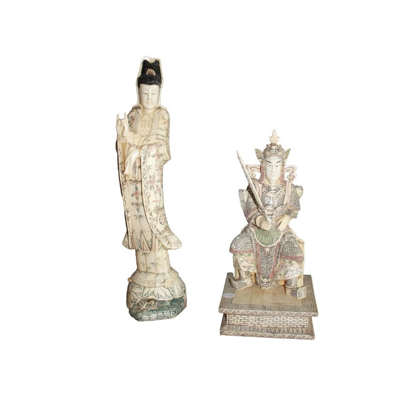 Paar asiatische Mammut-Skulpturen Guanyin und Guan Yu